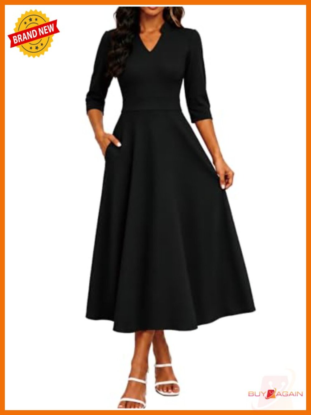 Women's 3/4 Sleeve V-Neck Midi Dress with Pockets A-Line Fit and Flare Tea